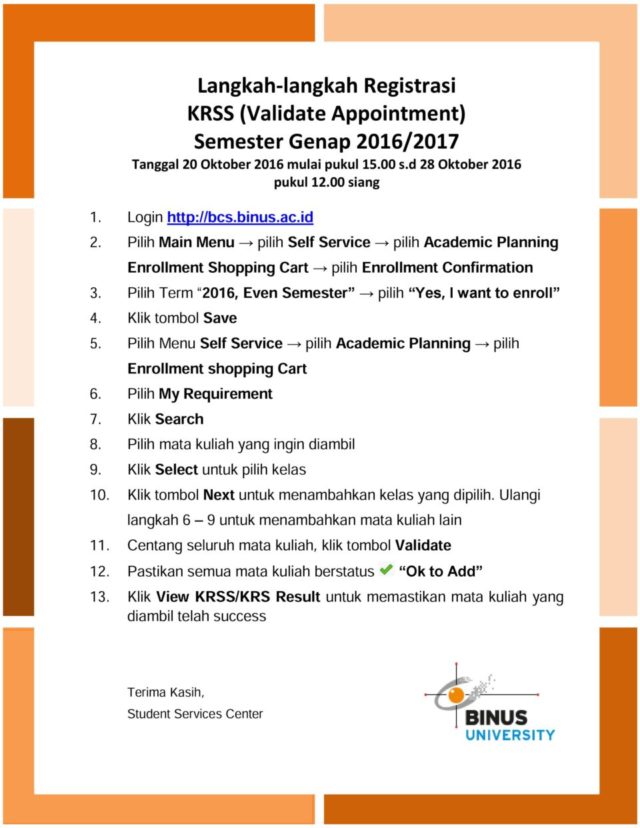 Langkah-langkah Registrasi KRSS (Validate Appointment) Semester Genap 2016/207